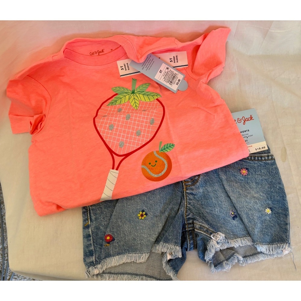 Cat & Jack Girls 5T Outfit Set Coral Strawberry Tennis Tee & Floral Denim Shorts